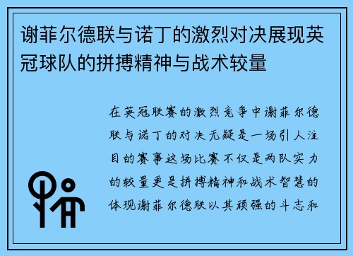 谢菲尔德联与诺丁的激烈对决展现英冠球队的拼搏精神与战术较量