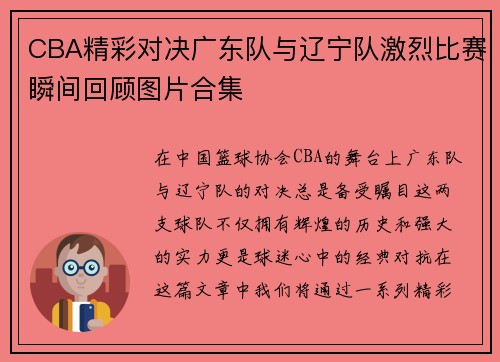 CBA精彩对决广东队与辽宁队激烈比赛瞬间回顾图片合集