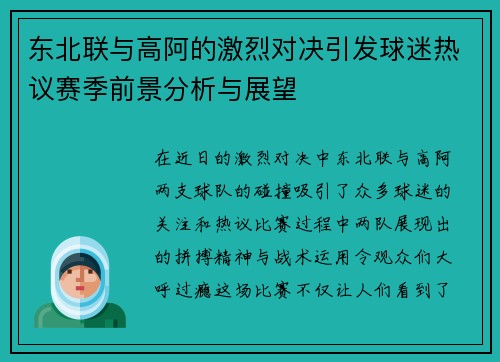 东北联与高阿的激烈对决引发球迷热议赛季前景分析与展望