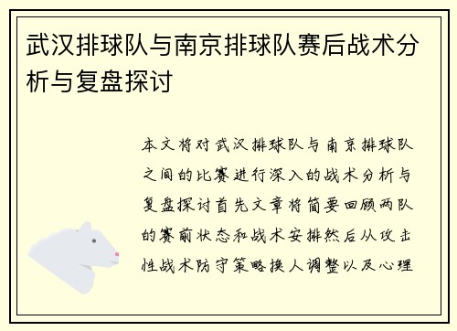 武汉排球队与南京排球队赛后战术分析与复盘探讨