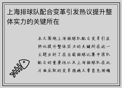 上海排球队配合变革引发热议提升整体实力的关键所在