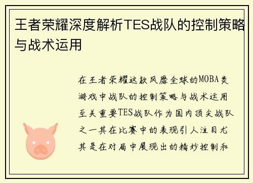 王者荣耀深度解析TES战队的控制策略与战术运用