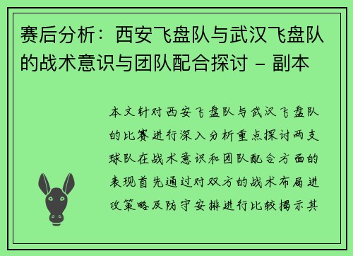 赛后分析：西安飞盘队与武汉飞盘队的战术意识与团队配合探讨 - 副本