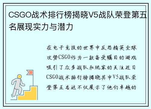 CSGO战术排行榜揭晓V5战队荣登第五名展现实力与潜力